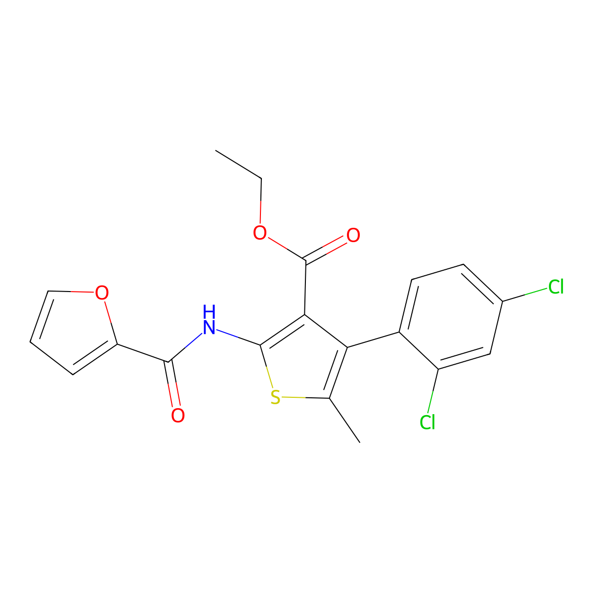 Ethyl 4-(2,4-dichlorophenyl)-2-(2-furoylamino)-5-methylthiophene-3-carboxylate molecular structure, CAS 445007-38-5