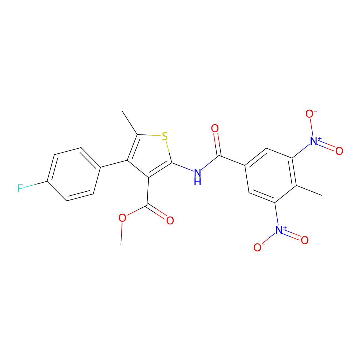 Methyl 4-(4-fluorophenyl)-5-methyl-2-[(4-methyl-3,5-dinitrobenzoyl)amino]thiophene-3-carboxylate molecular structure, CAS 445008-05-9