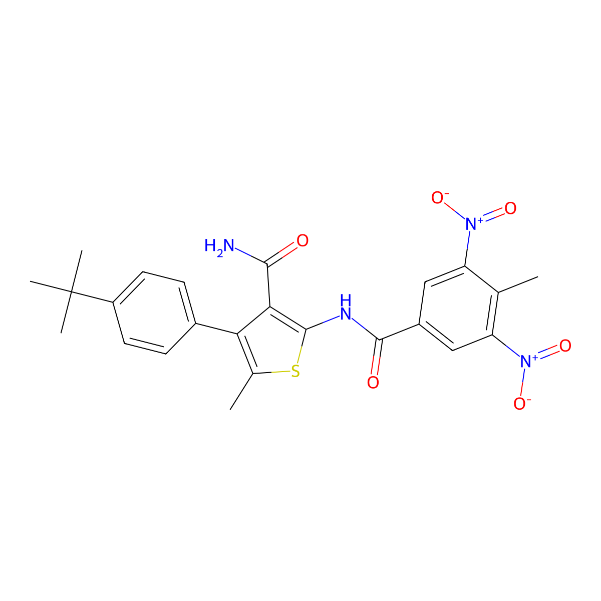 4-(4-Tert-butylphenyl)-5-methyl-2-[(4-methyl-3,5-dinitrobenzoyl)amino]thiophene-3-carboxamide molecular structure, CAS 445008-07-1
