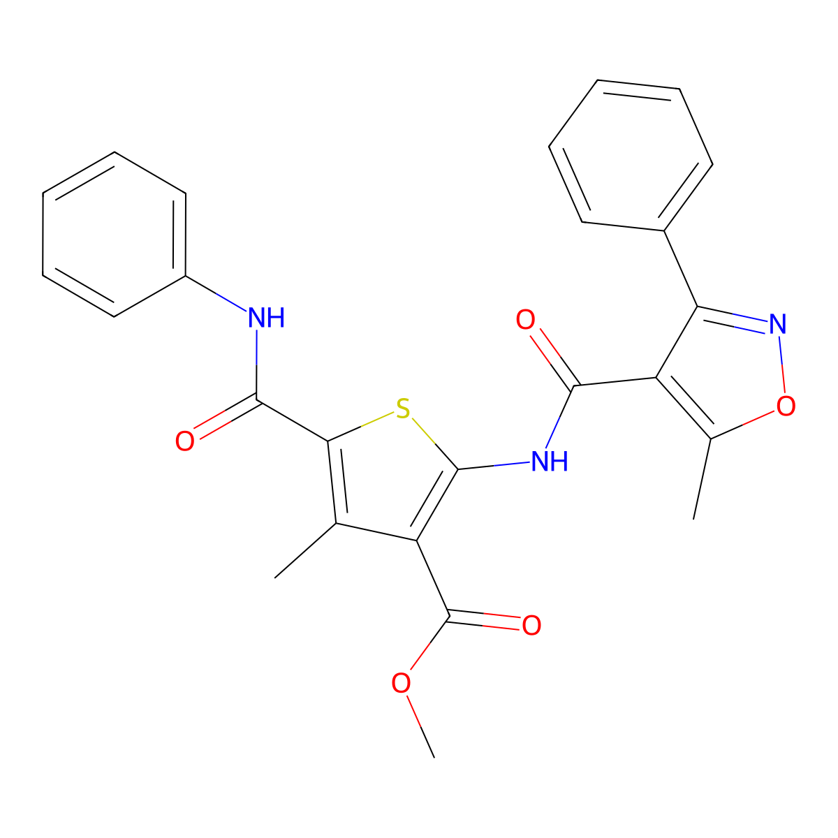 Methyl 5-(anilinocarbonyl)-4-methyl-2-{[(5-methyl-3-phenyl-4-isoxazolyl)carbonyl]amino}-3-thiophenecarboxylate molecular structure, CAS 445008-17-3