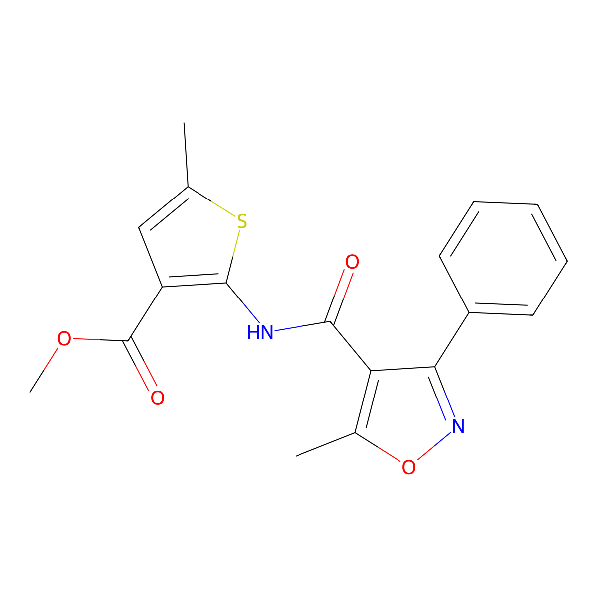 Methyl 5-methyl-2-[(5-methyl-3-phenyl-1,2-oxazole-4-carbonyl)amino]thiophene-3-carboxylate molecular structure, CAS 445008-48-0