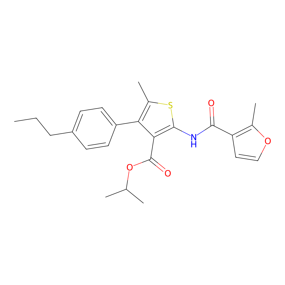Isopropyl 5-methyl-2-[(2-methyl-3-furoyl)amino]-4-(4-propylphenyl)thiophene-3-carboxylate molecular structure, CAS 445008-83-3