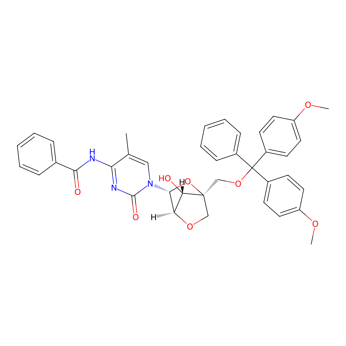 N-(1-((1R,3R,4R,7S)-1-((Bis(4-methoxyphenyl)(phenyl)methoxy)methyl)-7-hydroxy-2,5-dioxabicyclo[2.2.1]heptan-3-yl)-5-methyl-2-oxo-1,2-dihydropyrimidin-4-yl)benzamide molecular structure, CAS 445012-77-1