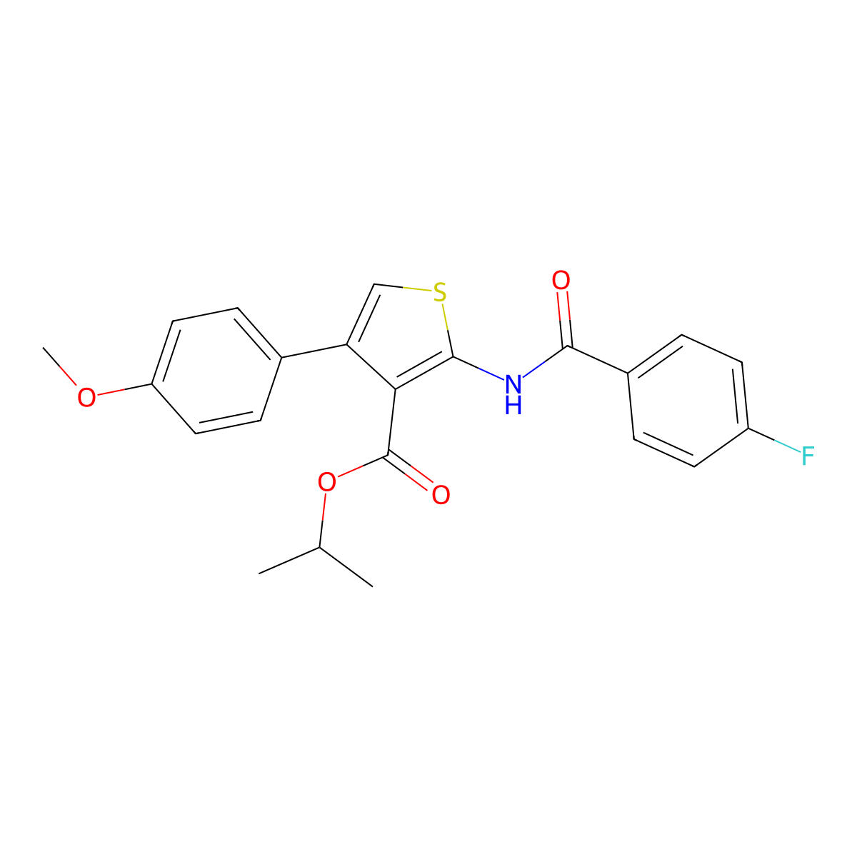 Isopropyl 2-[(4-fluorobenzoyl)amino]-4-(4-methoxyphenyl)-3-thiophenecarboxylate molecular structure, CAS 445012-98-6