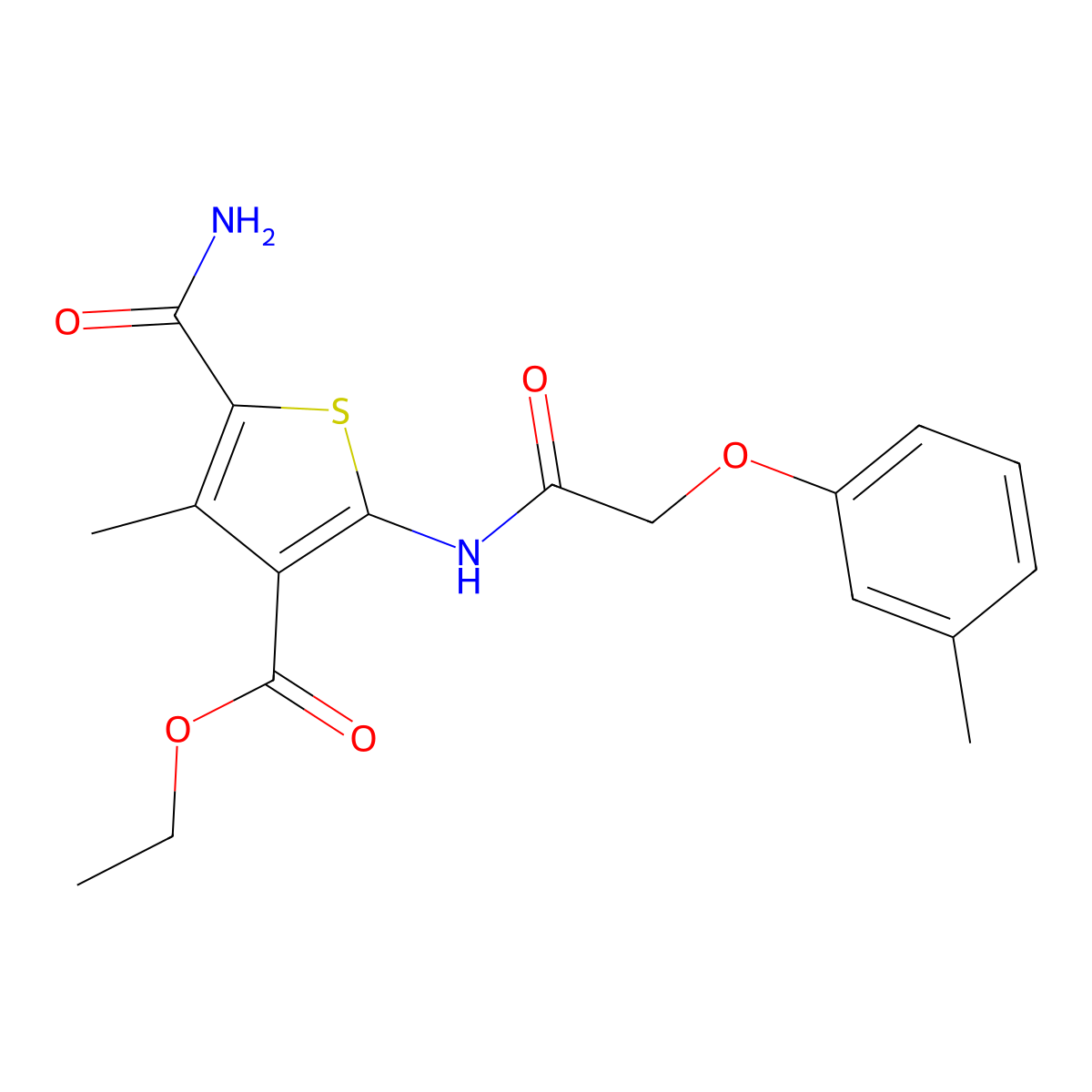 Ethyl 5-carbamoyl-4-methyl-2-{[(3-methylphenoxy)acetyl]amino}thiophene-3-carboxylate molecular structure, CAS 445013-14-9