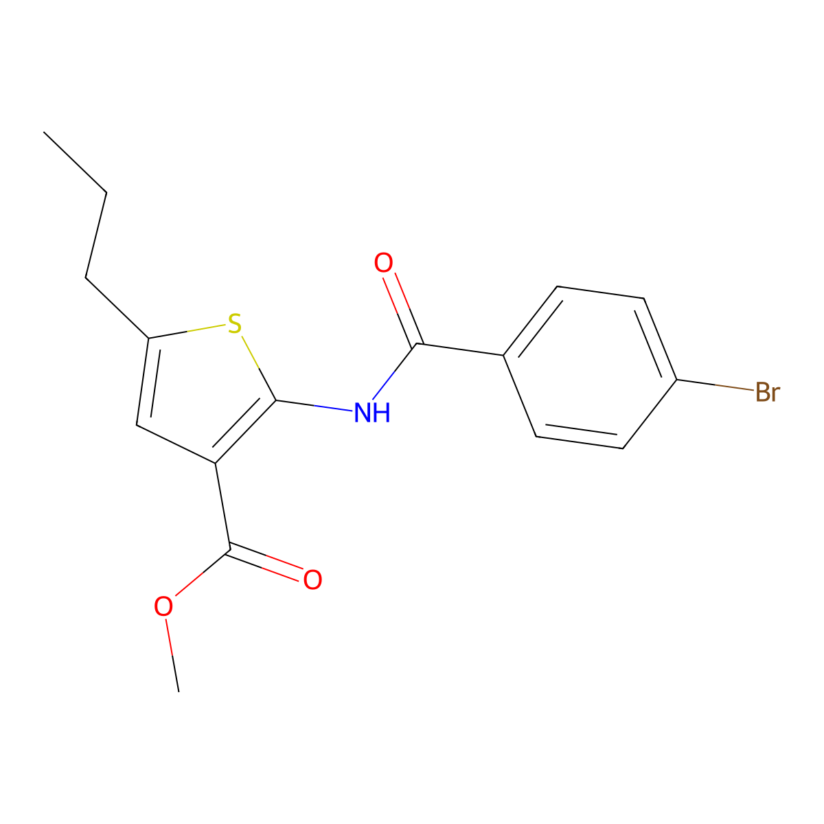 Methyl 2-[(4-bromobenzoyl)amino]-5-propyl-3-thiophenecarboxylate molecular structure, CAS 445013-49-0