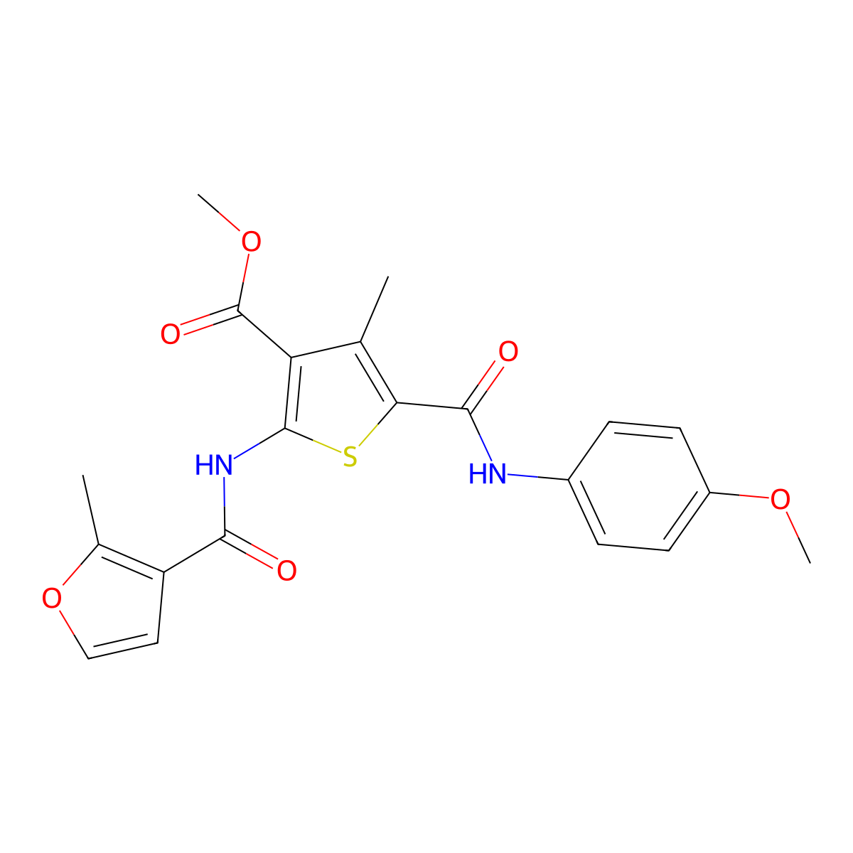 Methyl 5-[(4-methoxyanilino)carbonyl]-4-methyl-2-[(2-methyl-3-furoyl)amino]thiophene-3-carboxylate molecular structure, CAS 445013-88-7