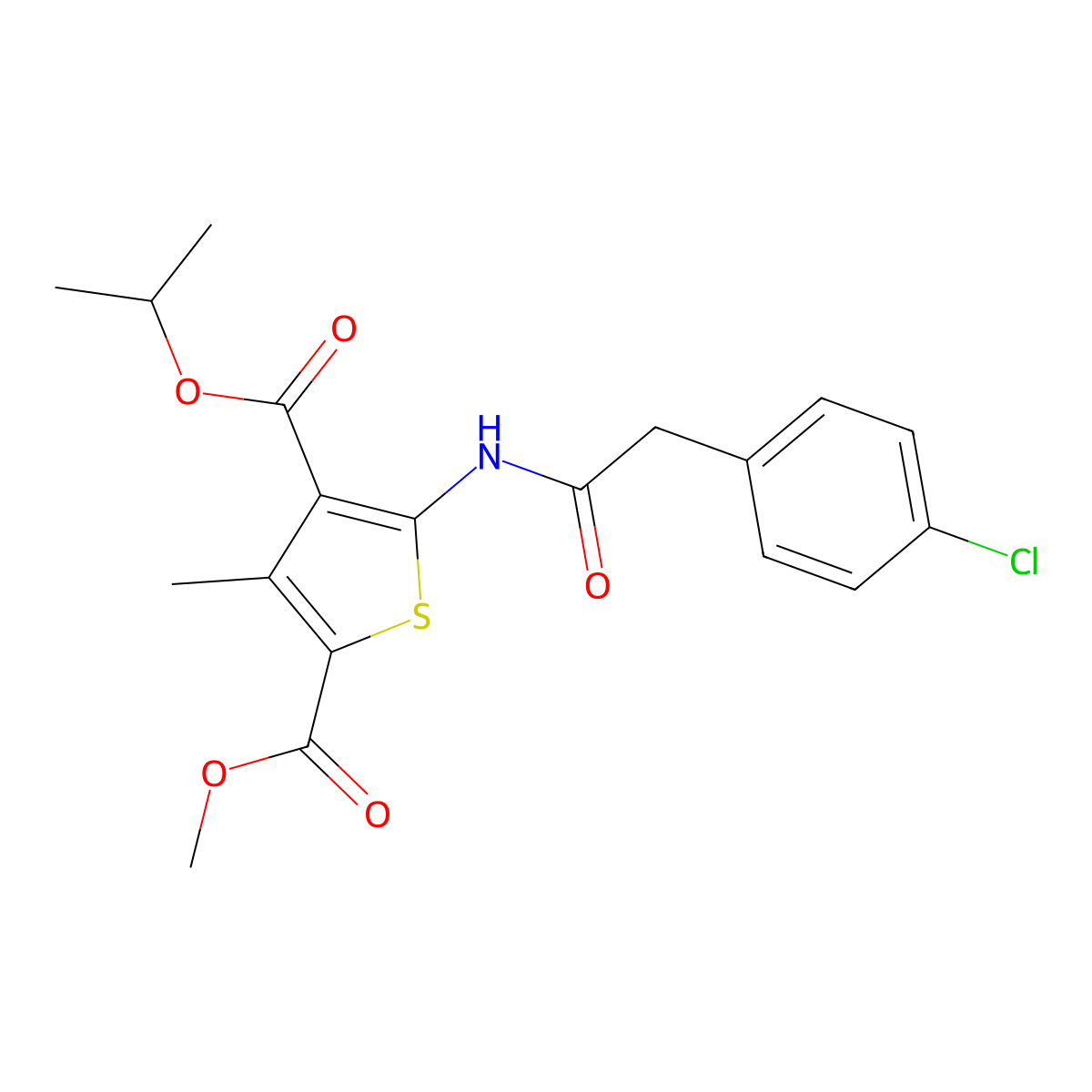 4-Isopropyl 2-methyl 5-{[(4-chlorophenyl)acetyl]amino}-3-methyl-2,4-thiophenedicarboxylate molecular structure, CAS 445013-91-2