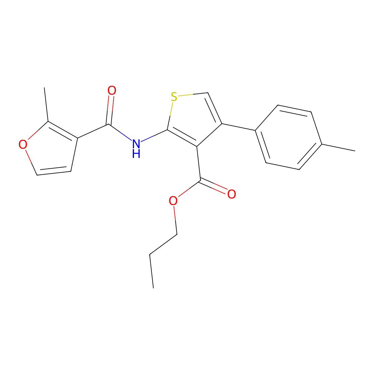 Propyl 2-[(2-methyl-3-furoyl)amino]-4-(4-methylphenyl)thiophene-3-carboxylate molecular structure, CAS 445014-07-3