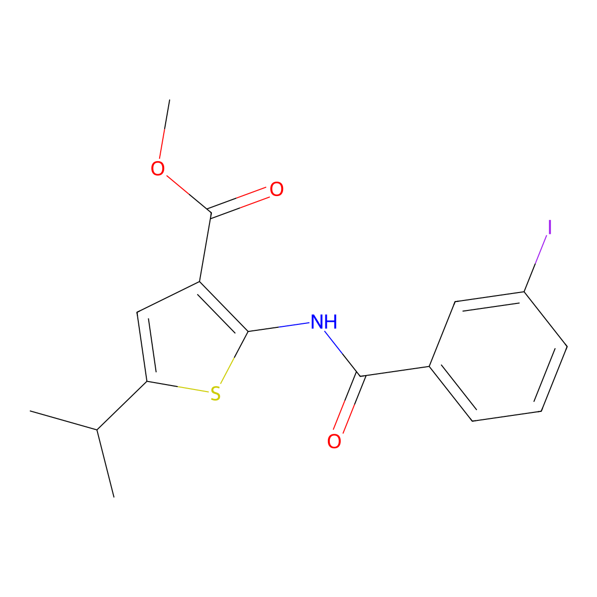 Methyl 2-[(3-iodobenzoyl)amino]-5-isopropyl-3-thiophenecarboxylate molecular structure, CAS 445014-31-3