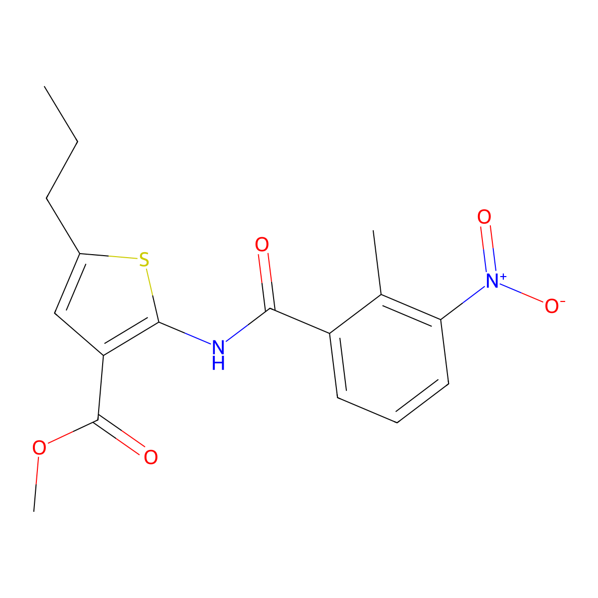 Methyl 2-({3-nitro-2-methylbenzoyl}amino)-5-propylthiophene-3-carboxylate molecular structure, CAS 445014-32-4