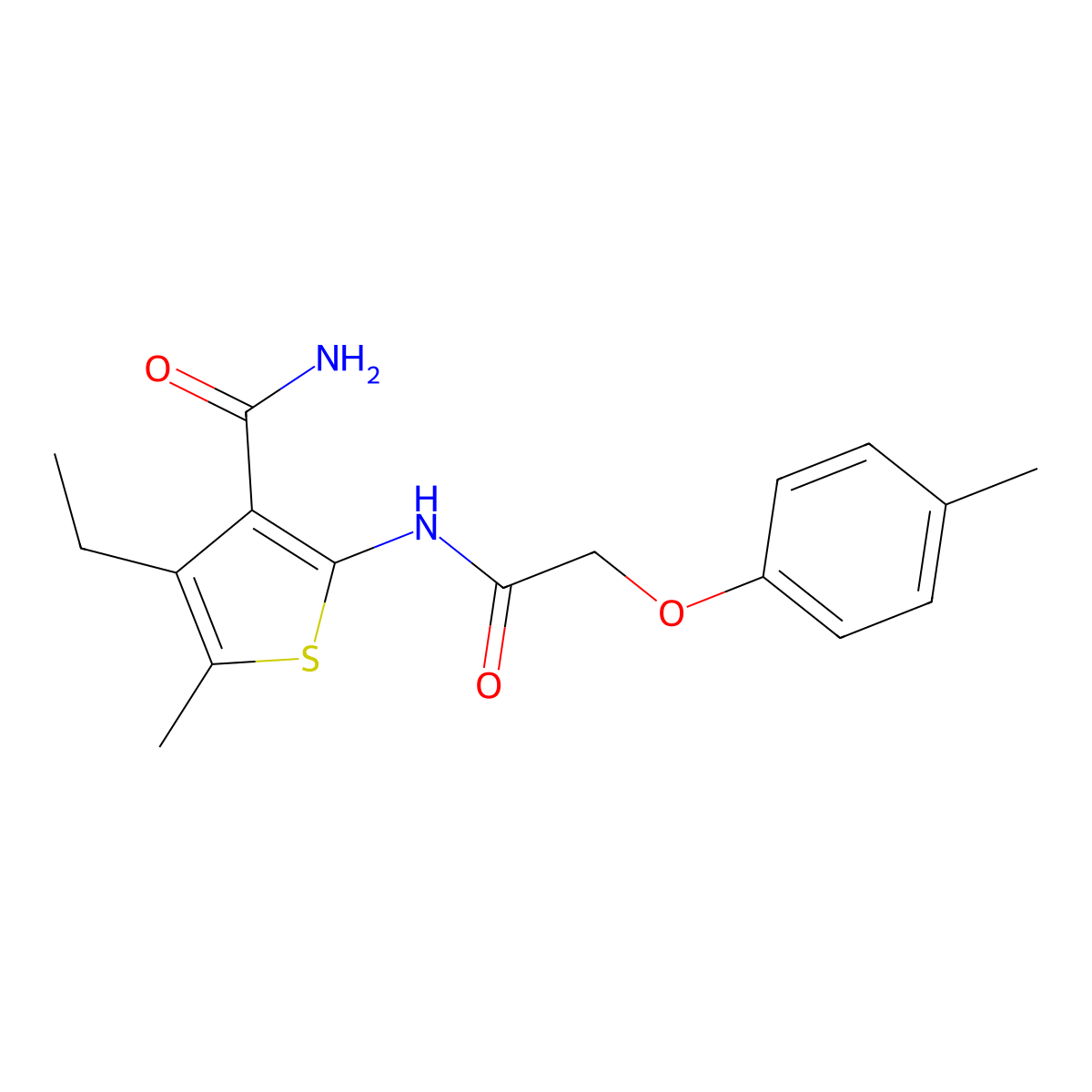 4-Ethyl-5-methyl-2-{[(4-methylphenoxy)acetyl]amino}-3-thiophenecarboxamide molecular structure, CAS 445014-44-8