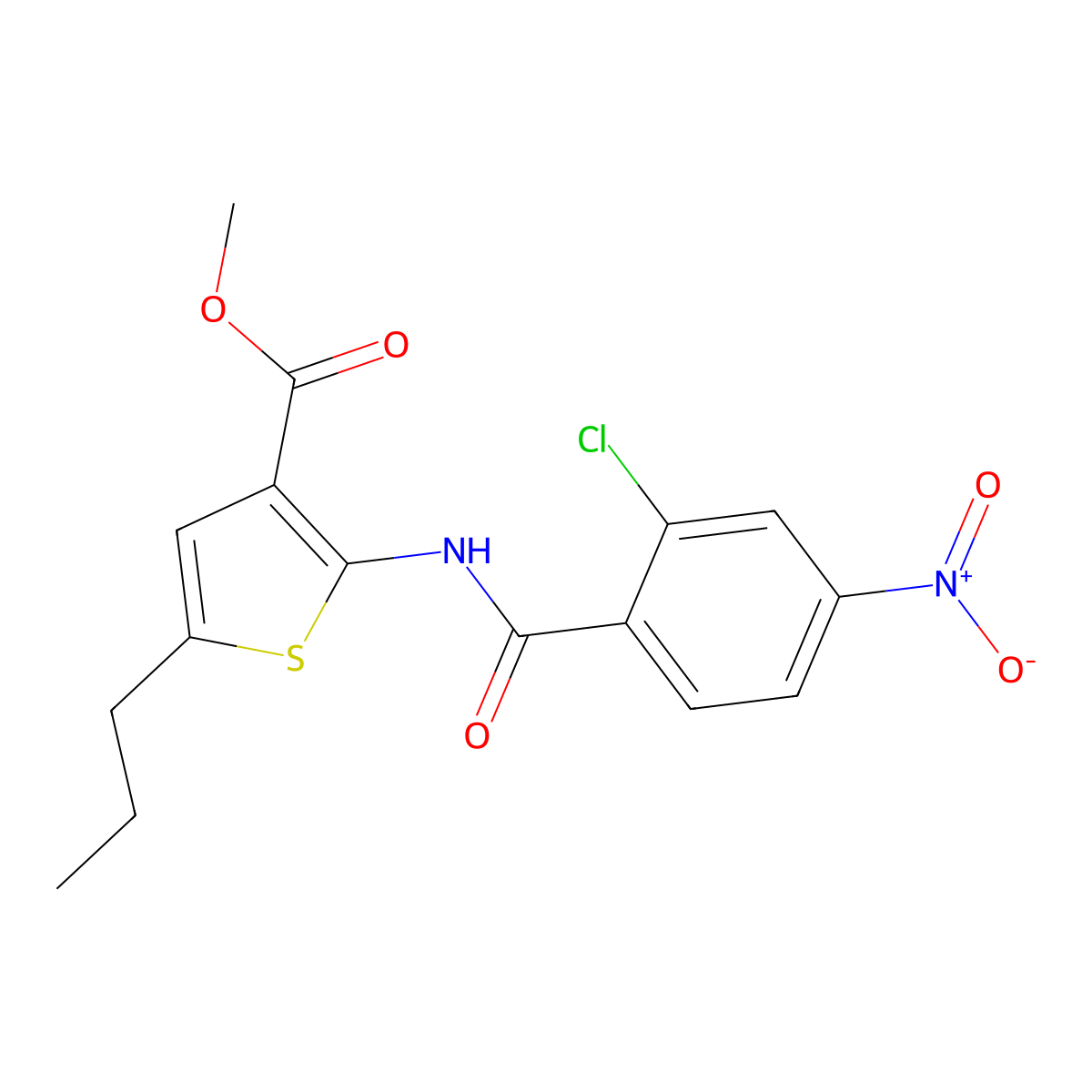 Methyl 2-[(2-chloro-4-nitrobenzoyl)amino]-5-propylthiophene-3-carboxylate molecular structure, CAS 445014-50-6