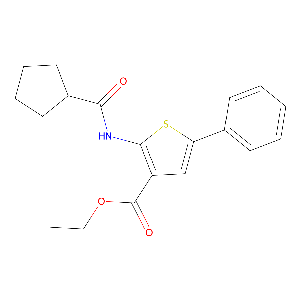 Ethyl 2-[(cyclopentylcarbonyl)amino]-5-phenylthiophene-3-carboxylate molecular structure, CAS 445014-55-1