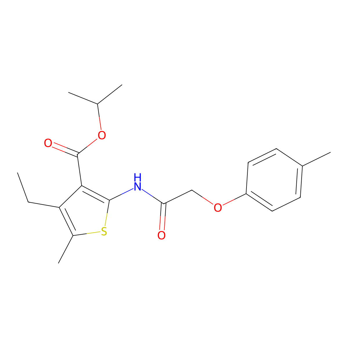 Isopropyl 4-ethyl-5-methyl-2-{[(4-methylphenoxy)acetyl]amino}-3-thiophenecarboxylate molecular structure, CAS 445014-61-9