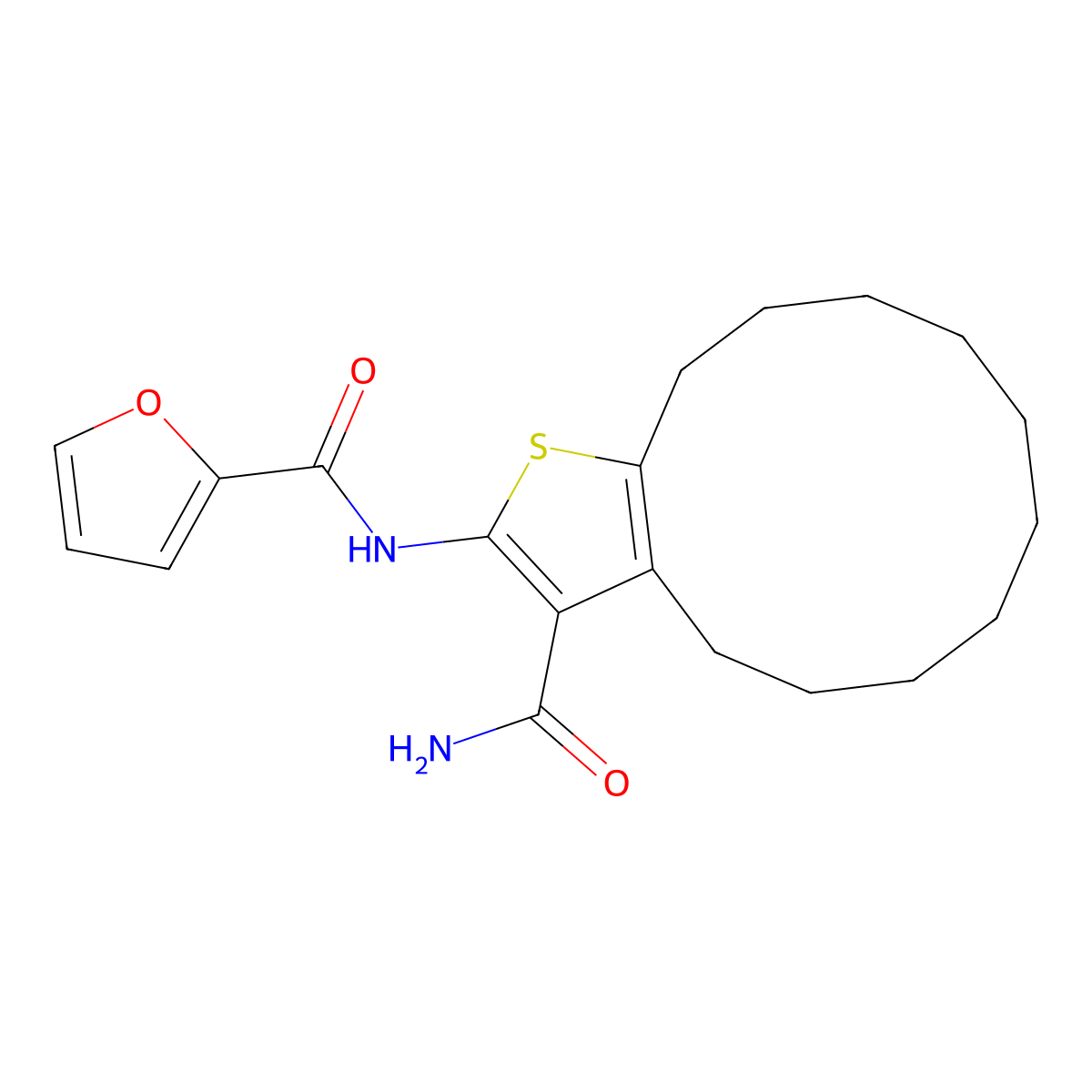 N-(3-carbamoyl-4,5,6,7,8,9,10,11,12,13-decahydrocyclododeca[b]thiophen-2-yl)furan-2-carboxamide molecular structure, CAS 445014-82-4