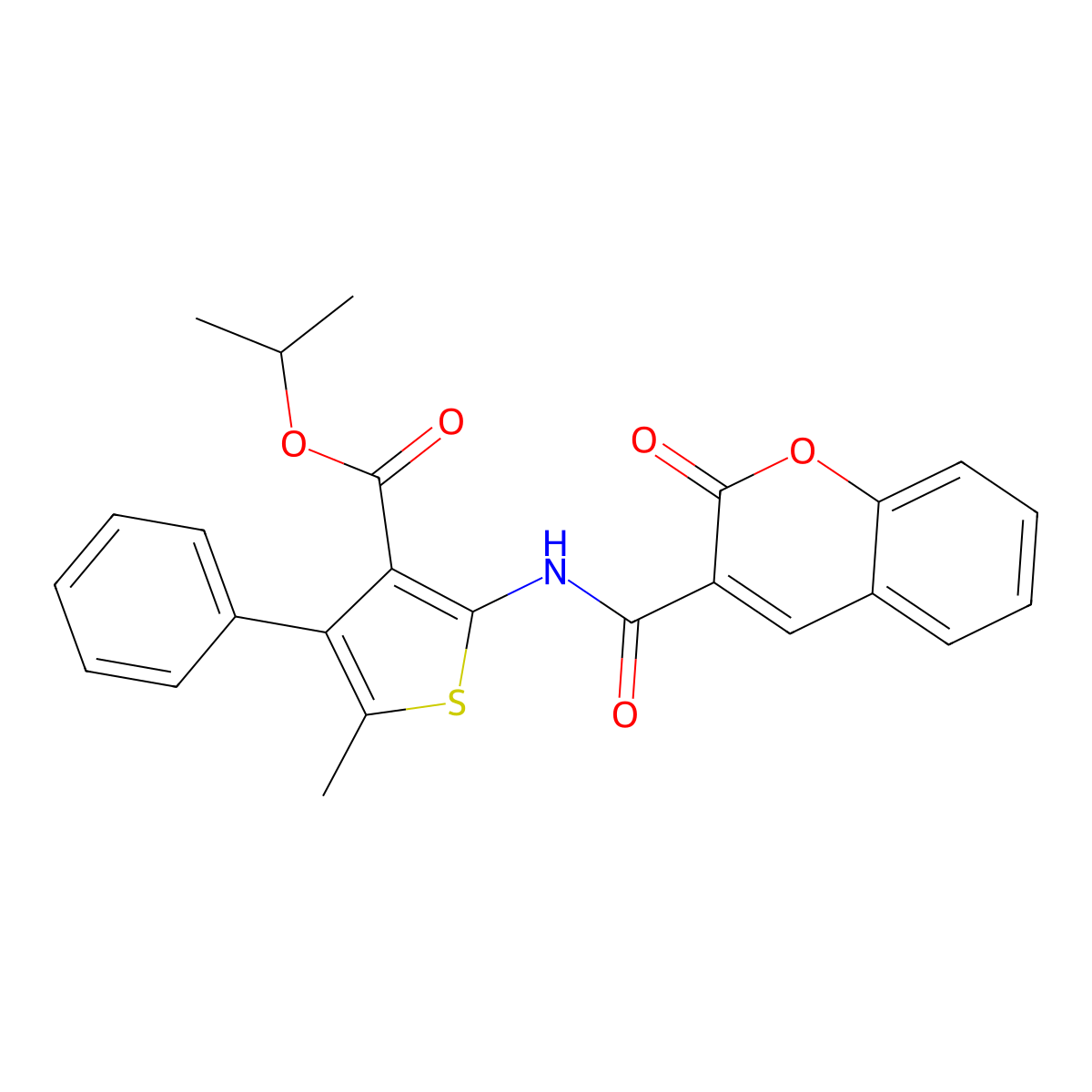Propan-2-yl 5-methyl-2-[(2-oxochromene-3-carbonyl)amino]-4-phenylthiophene-3-carboxylate molecular structure, CAS 445014-84-6