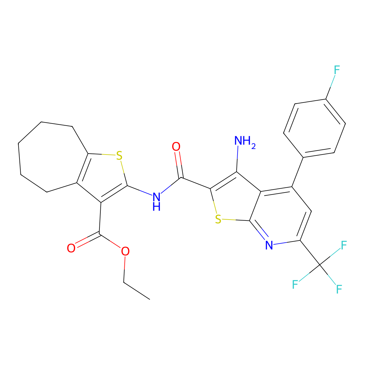 ethyl 2-({[3-amino-4-(4-fluorophenyl)-6-(trifluoromethyl)thieno[2,3-b]pyridin-2-yl]carbonyl}amino)-5,6,7,8-tetrahydro-4H-cyclohepta[b]thiophene-3-carboxylate molecular structure, CAS 445015-03-2