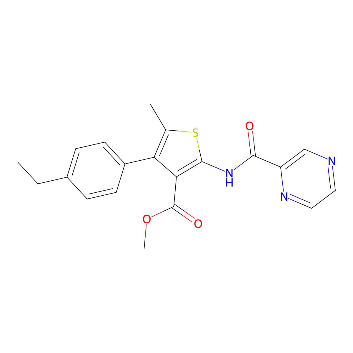 Methyl 4-(4-ethylphenyl)-5-methyl-2-(pyrazine-2-carbonylamino)thiophene-3-carboxylate molecular structure, CAS 445015-48-5