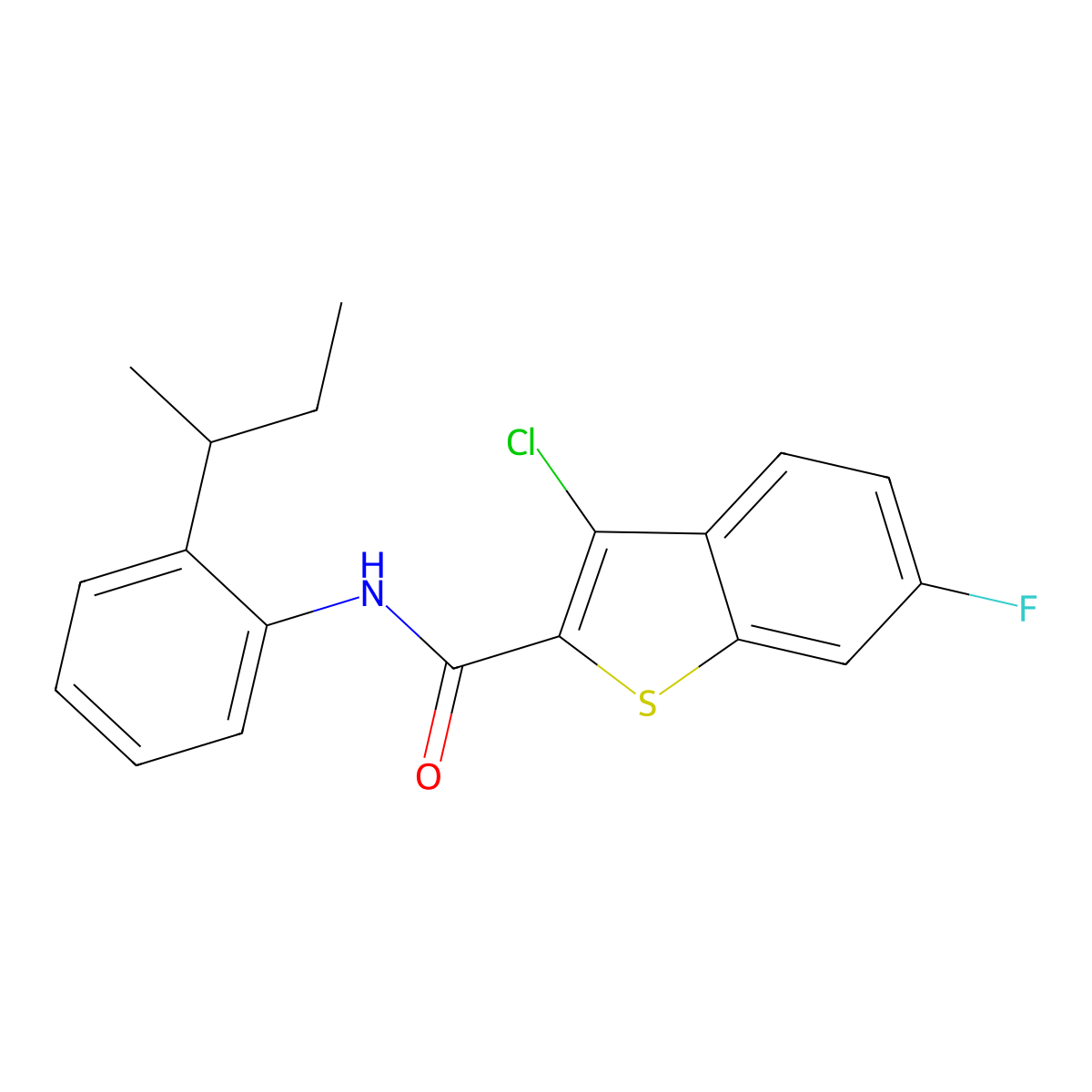 N-(2-butan-2-ylphenyl)-3-chloro-6-fluoro-1-benzothiophene-2-carboxamide molecular structure, CAS 445015-50-9