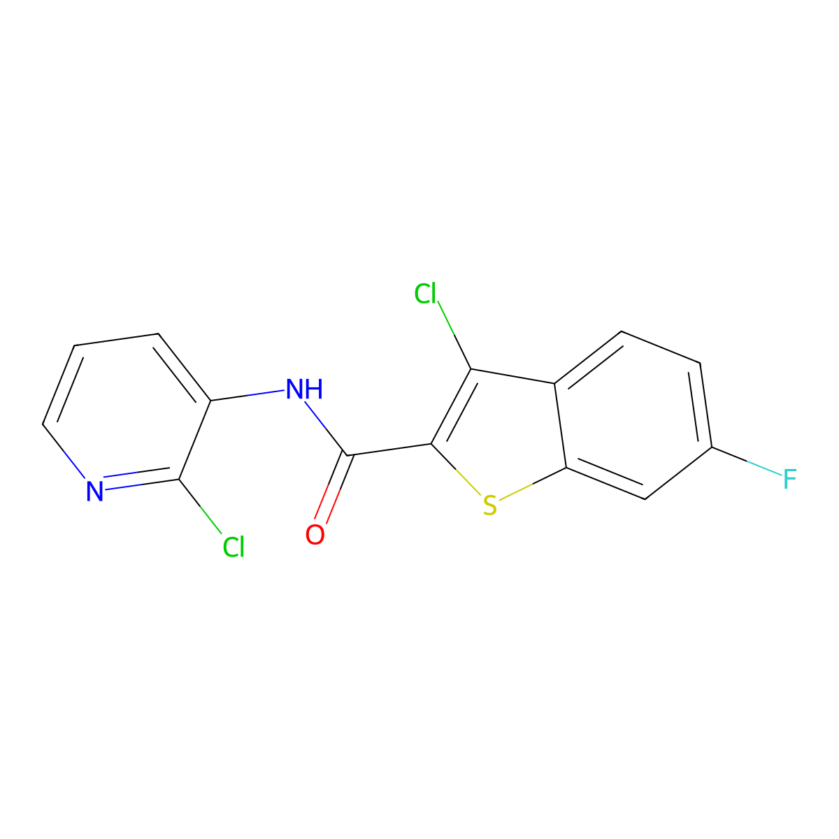 3-chloro-N-(2-chloropyridin-3-yl)-6-fluoro-1-benzothiophene-2-carboxamide molecular structure, CAS 445015-51-0