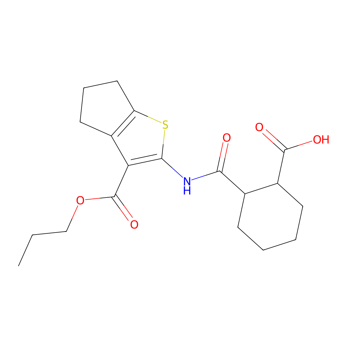 2-{[3-(propoxycarbonyl)-5,6-dihydro-4H-cyclopenta[b]thiophen-2-yl]carbamoyl}cyclohexanecarboxylic acid molecular structure, CAS 445015-58-7
