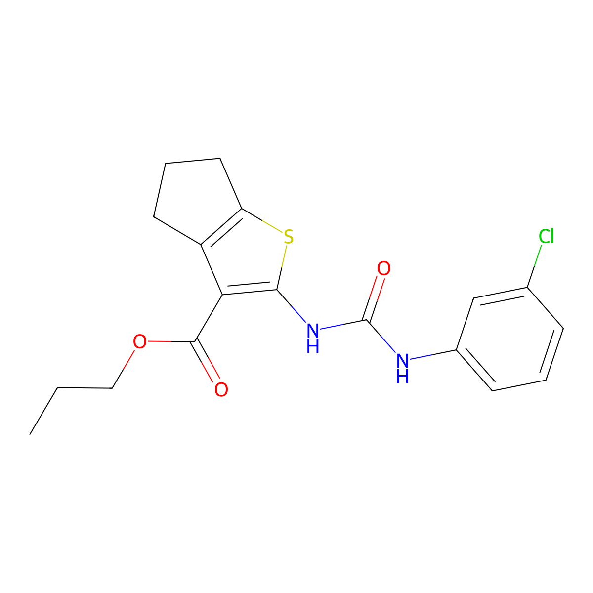 propyl 2-{[(3-chloroanilino)carbonyl]amino}-5,6-dihydro-4H-cyclopenta[b]thiophene-3-carboxylate molecular structure, CAS 445015-59-8