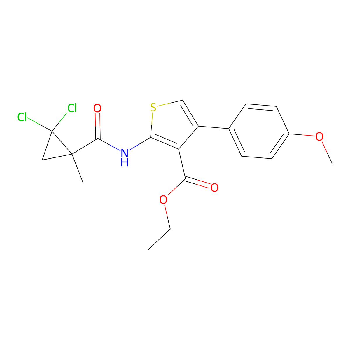 Ethyl 2-[(2,2-dichloro-1-methylcyclopropanecarbonyl)amino]-4-(4-methoxyphenyl)thiophene-3-carboxylate molecular structure, CAS 445015-60-1