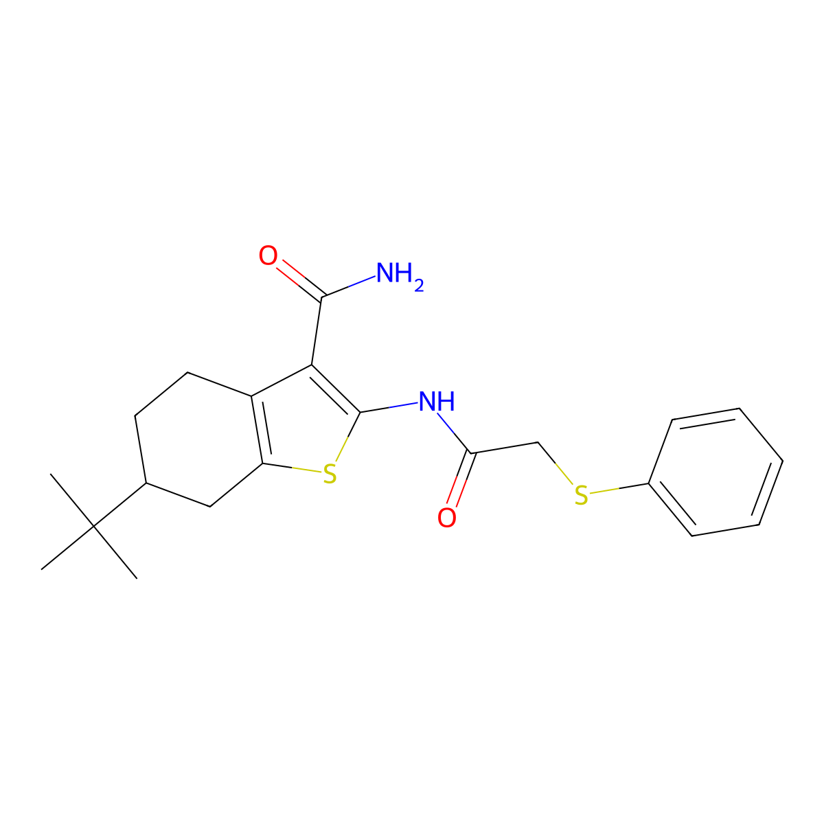 6-Tert-butyl-2-{[(phenylsulfanyl)acetyl]amino}-4,5,6,7-tetrahydro-1-benzothiophene-3-carboxamide molecular structure, CAS 445015-68-9
