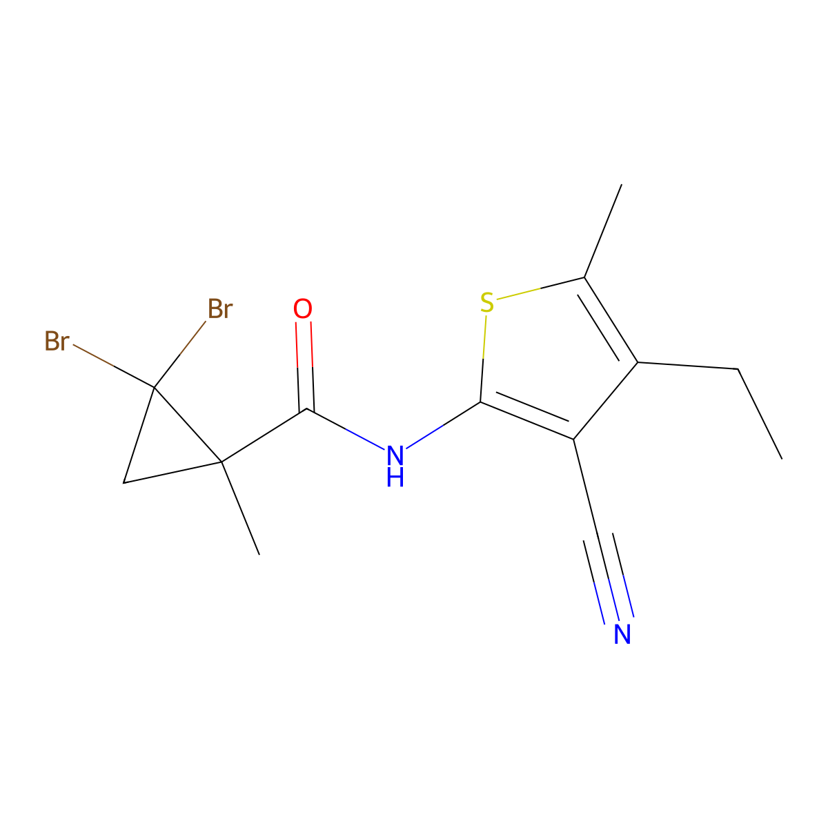 2,2-dibromo-N-(3-cyano-4-ethyl-5-methylthiophen-2-yl)-1-methylcyclopropane-1-carboxamide molecular structure, CAS 445015-90-7