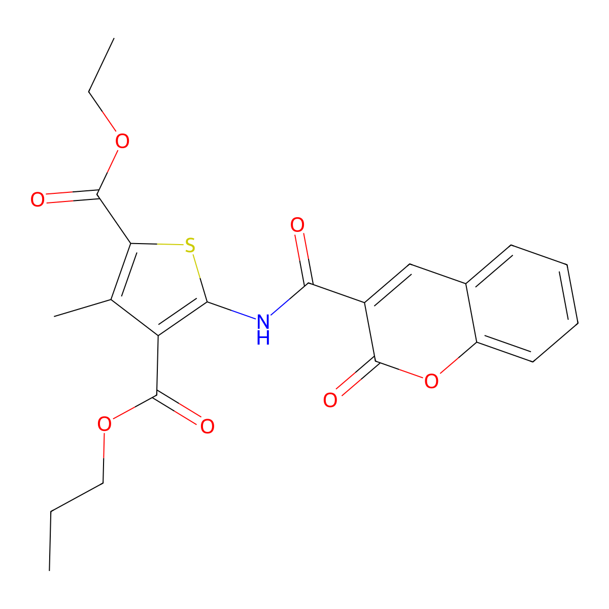 2-O-ethyl 4-O-propyl 3-methyl-5-[(2-oxochromene-3-carbonyl)amino]thiophene-2,4-dicarboxylate molecular structure, CAS 445016-07-9
