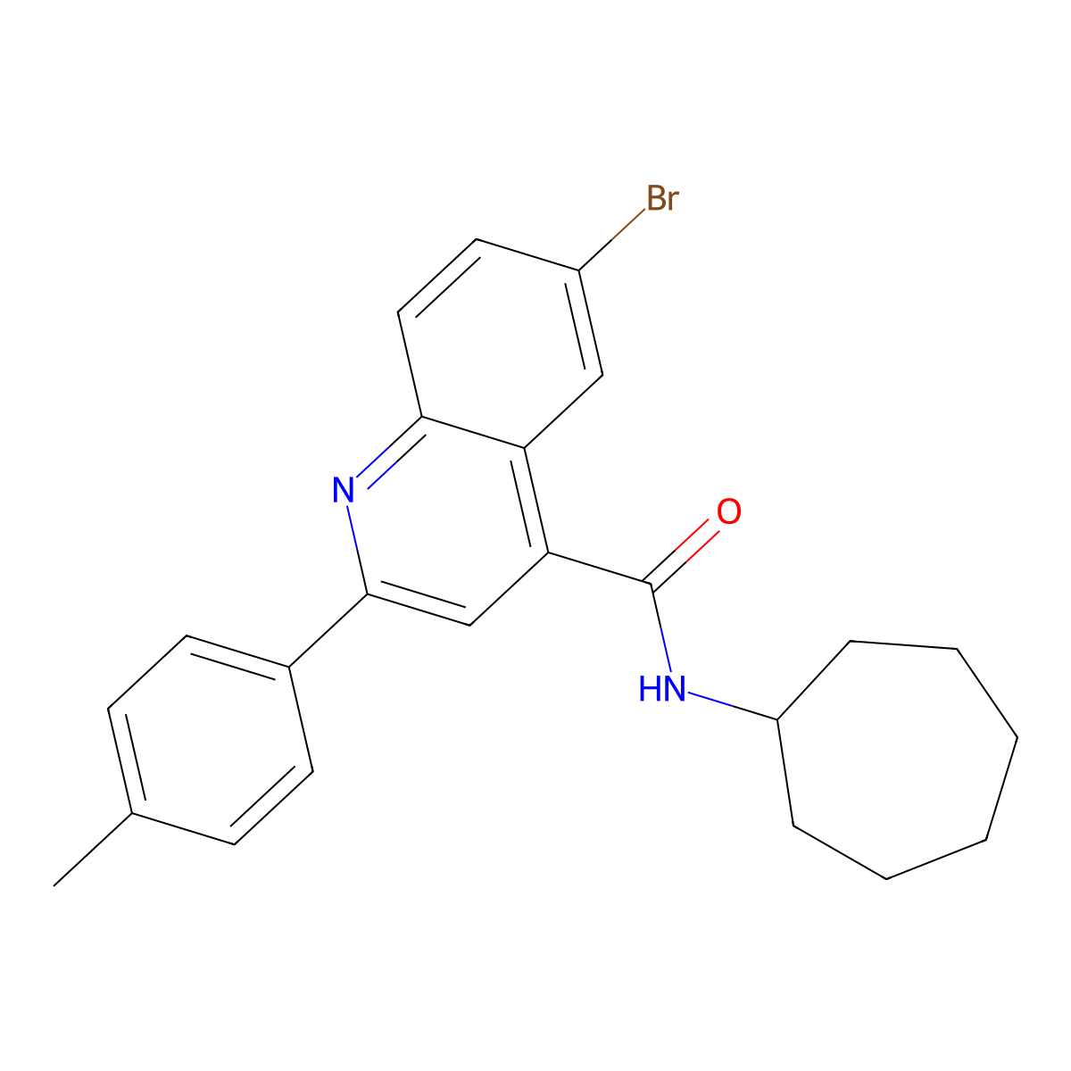 6-bromo-N-cycloheptyl-2-(4-methylphenyl)-4-quinolinecarboxamide molecular structure, CAS 445016-27-3