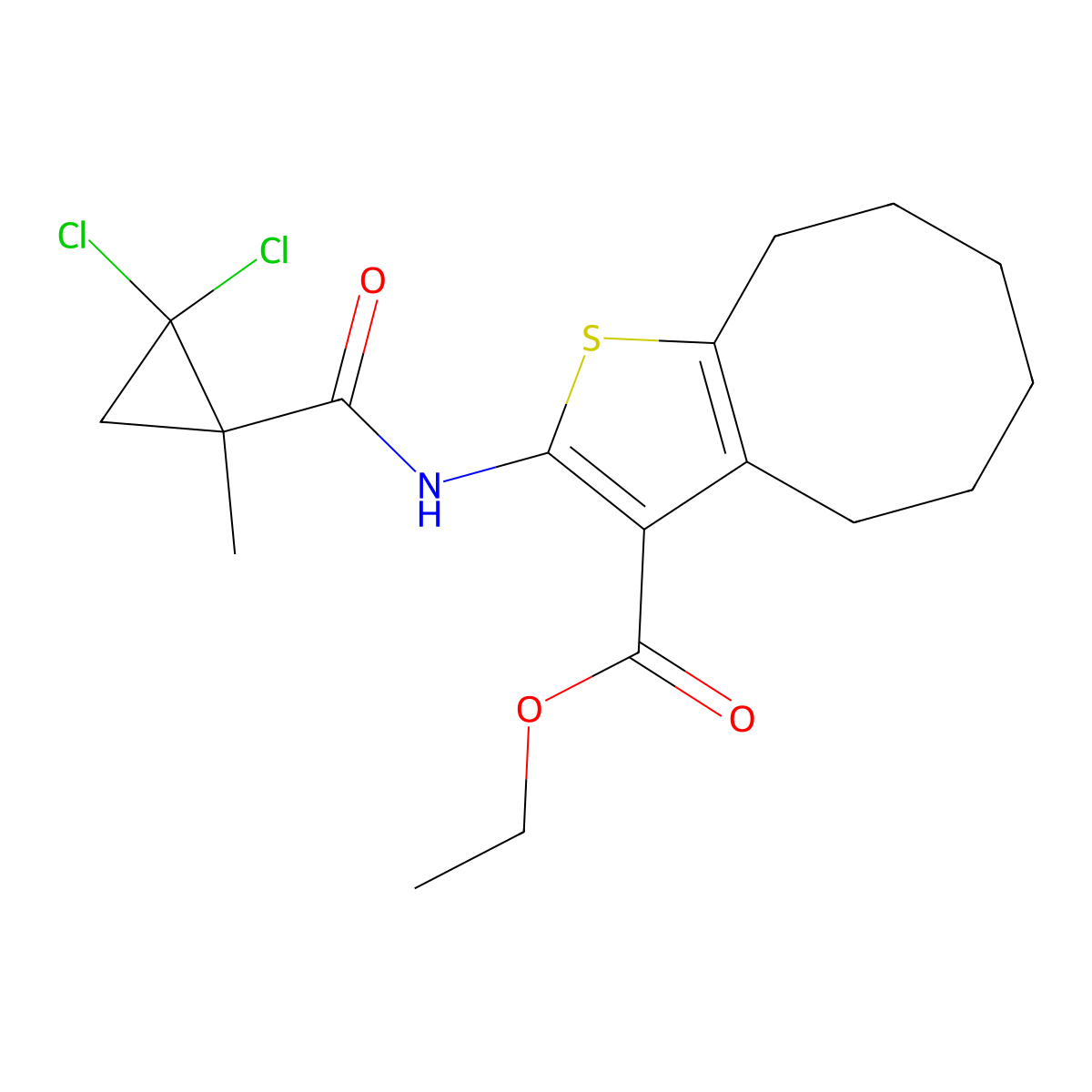 Ethyl 2-[(2,2-dichloro-1-methylcyclopropanecarbonyl)amino]-4,5,6,7,8,9-hexahydrocycloocta[b]thiophene-3-carboxylate molecular structure, CAS 445016-29-5