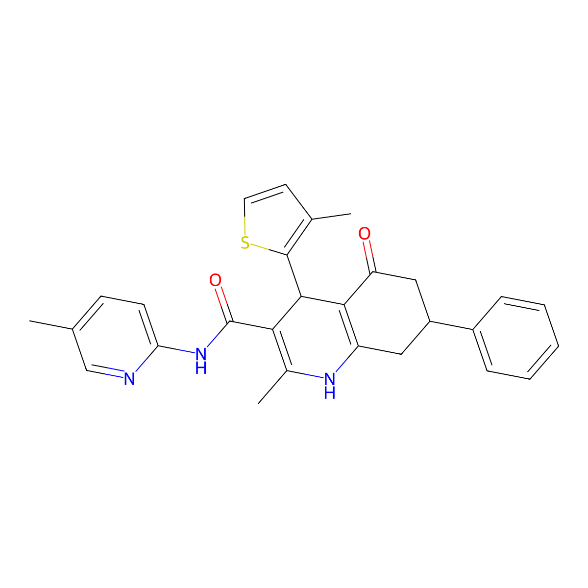 2-methyl-N-(5-methylpyridin-2-yl)-4-(3-methylthiophen-2-yl)-5-oxo-7-phenyl-4,6,7,8-tetrahydro-1H-quinoline-3-carboxamide molecular structure, CAS 445016-34-2