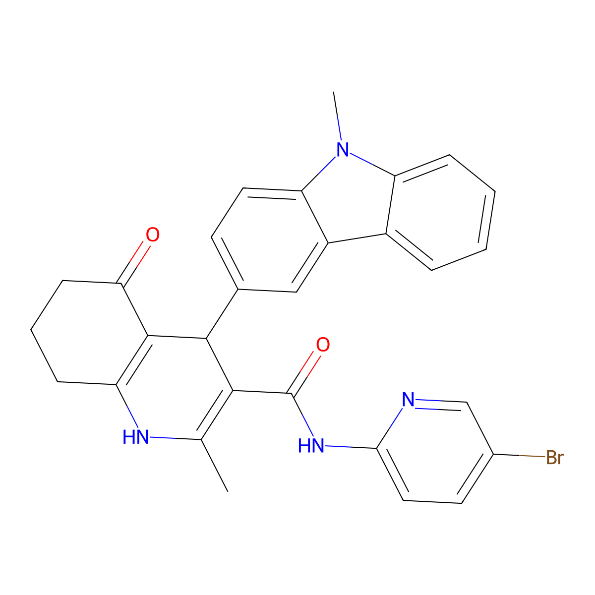 N-(5-bromopyridin-2-yl)-2-methyl-4-(9-methylcarbazol-3-yl)-5-oxo-4,6,7,8-tetrahydro-1H-quinoline-3-carboxamide molecular structure, CAS 445016-36-4