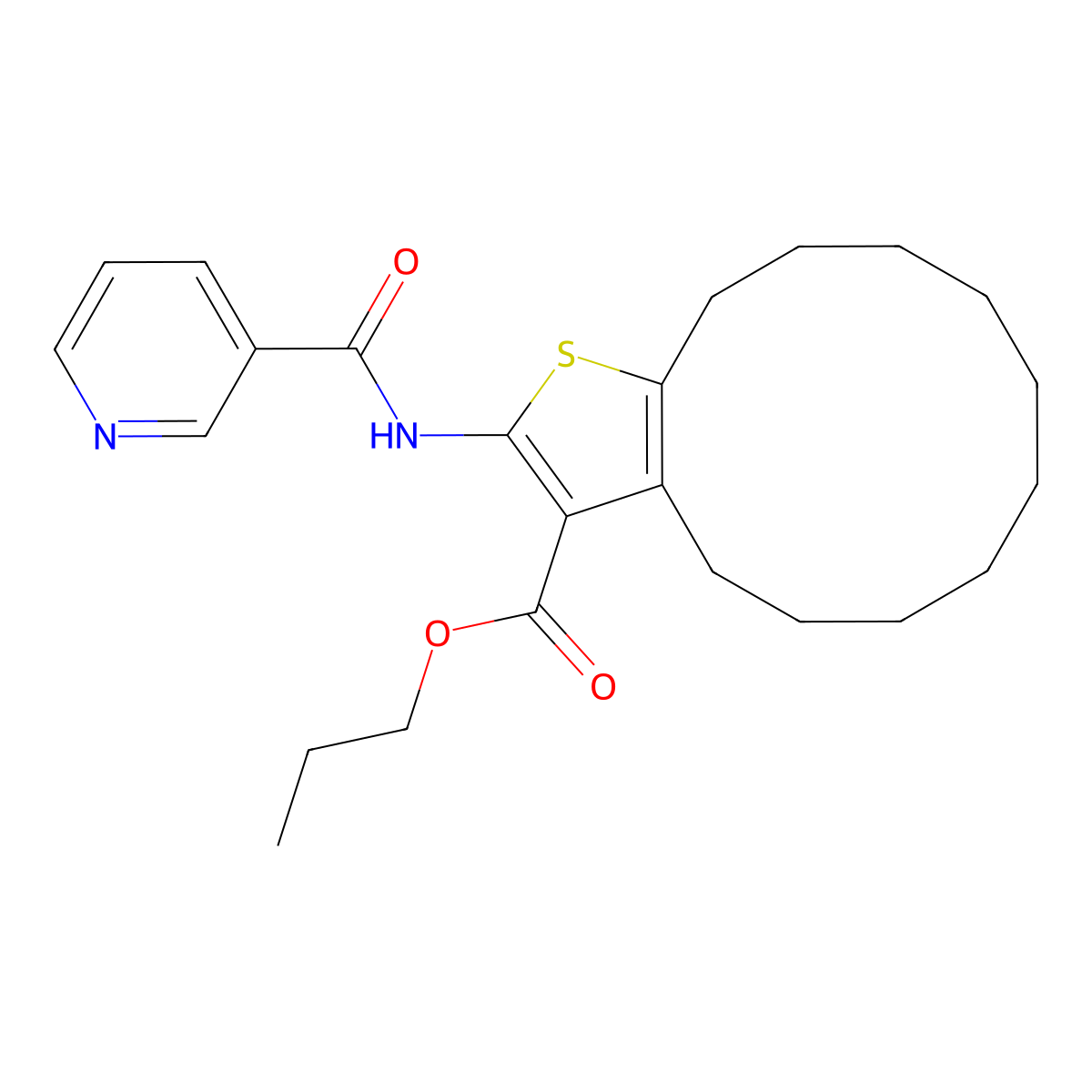 Propyl 2-(pyridine-3-carbonylamino)-4,5,6,7,8,9,10,11,12,13-decahydrocyclododeca[b]thiophene-3-carboxylate molecular structure, CAS 445016-37-5