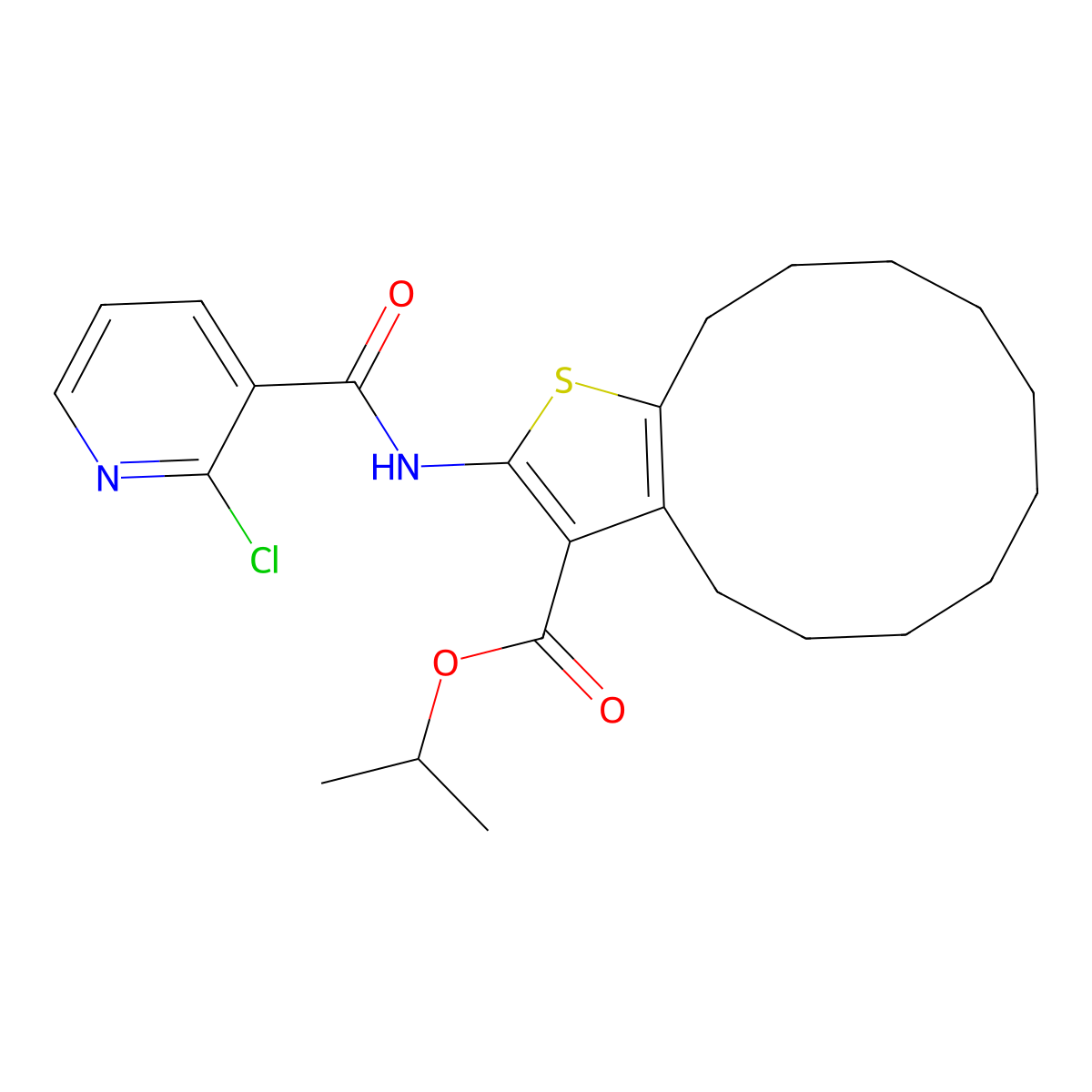 Isopropyl 2-{[(2-chloro-3-pyridinyl)carbonyl]amino}-4,5,6,7,8,9,10,11,12,13-decahydrocyclododeca[b]thiophene-3-carboxylate molecular structure, CAS 445016-41-1