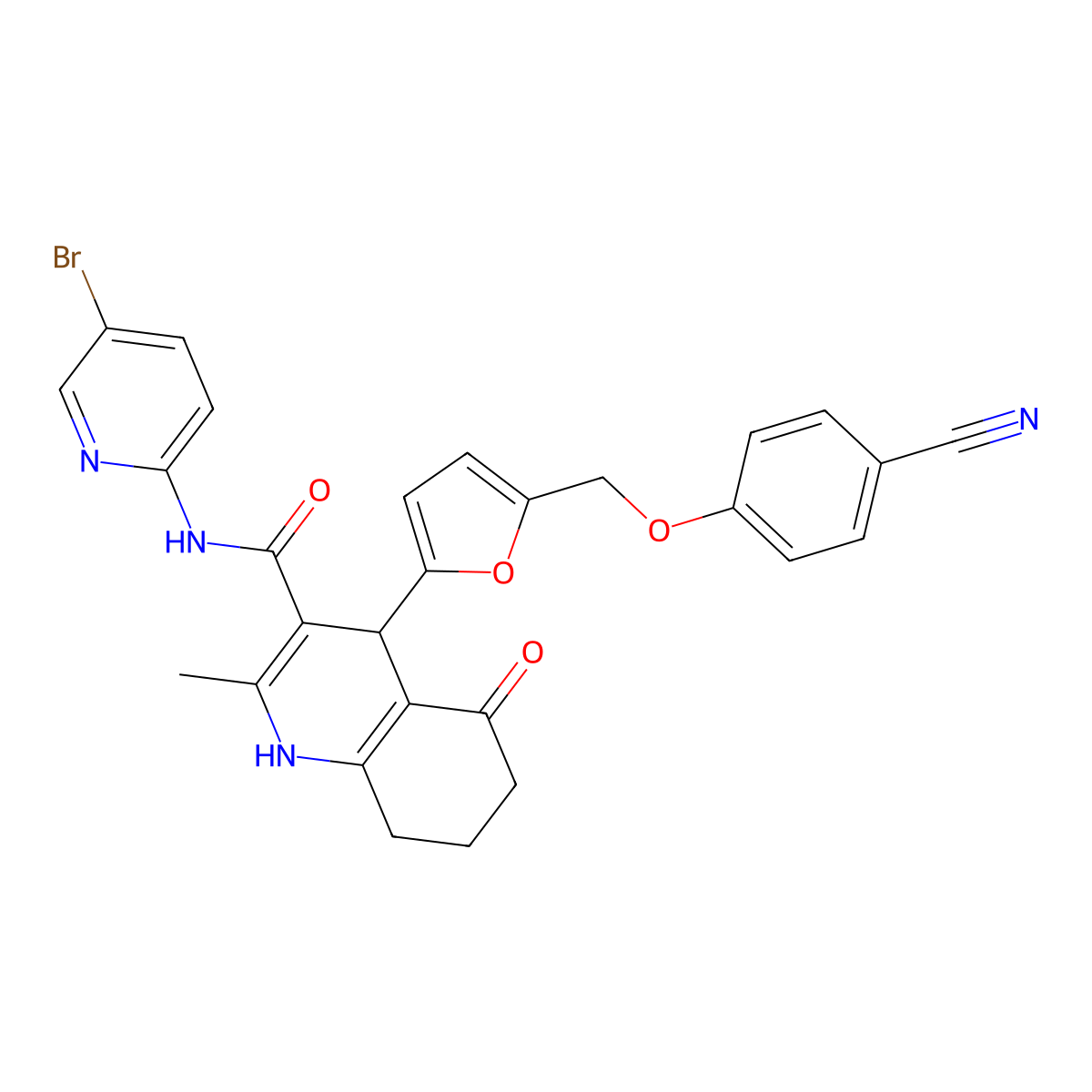 N-(5-bromopyridin-2-yl)-4-[5-[(4-cyanophenoxy)methyl]furan-2-yl]-2-methyl-5-oxo-4,6,7,8-tetrahydro-1H-quinoline-3-carboxamide molecular structure, CAS 445016-47-7