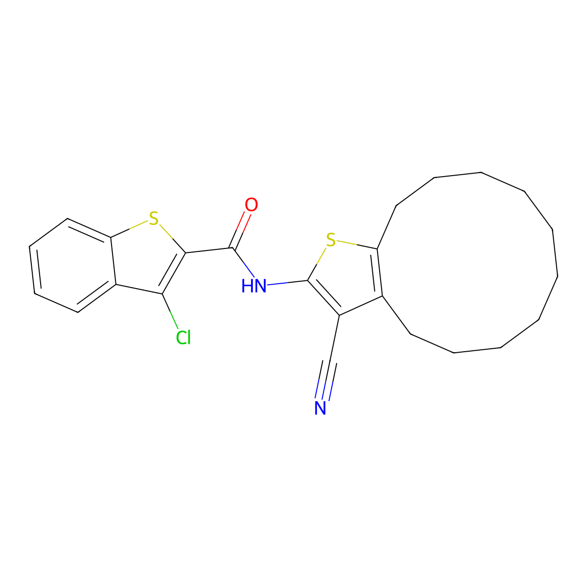 3-chloro-N-(3-cyano-4,5,6,7,8,9,10,11,12,13-decahydrocyclododeca[b]thiophen-2-yl)-1-benzothiophene-2-carboxamide molecular structure, CAS 445016-50-2