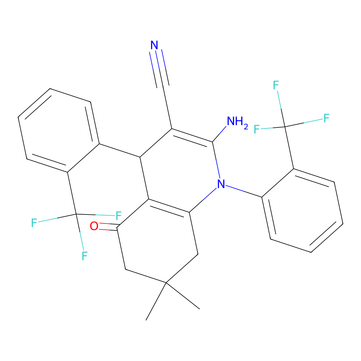 2-Amino-7,7-dimethyl-5-oxo-1,4-bis(2-(trifluoromethyl)phenyl)-1,4,5,6,7,8-hexahydro-3-quinolinecarbonitrile molecular structure, CAS 445016-55-7