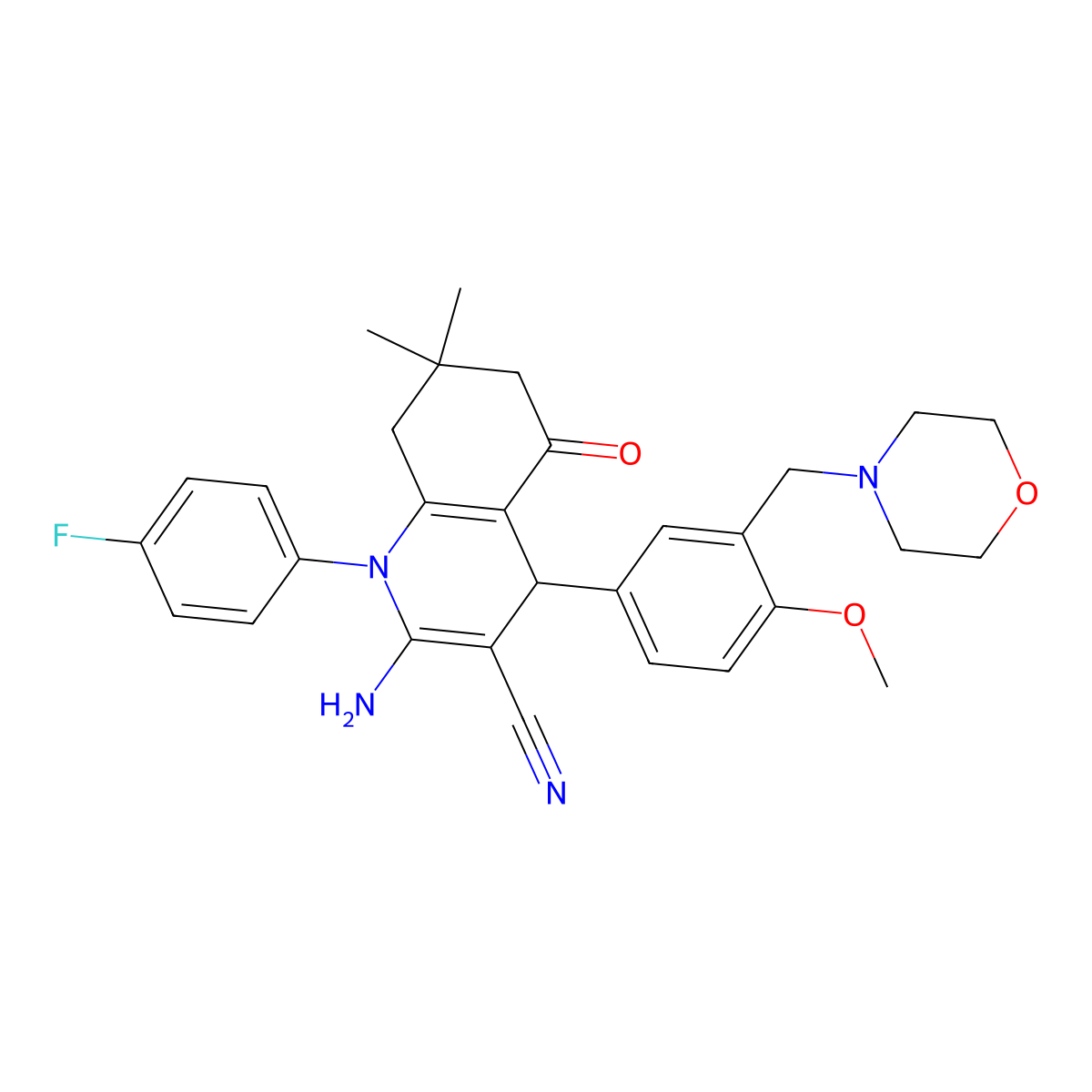 2-amino-1-(4-fluorophenyl)-4-[4-methoxy-3-(morpholin-4-ylmethyl)phenyl]-7,7-dimethyl-5-oxo-6,8-dihydro-4H-quinoline-3-carbonitrile molecular structure, CAS 445016-56-8