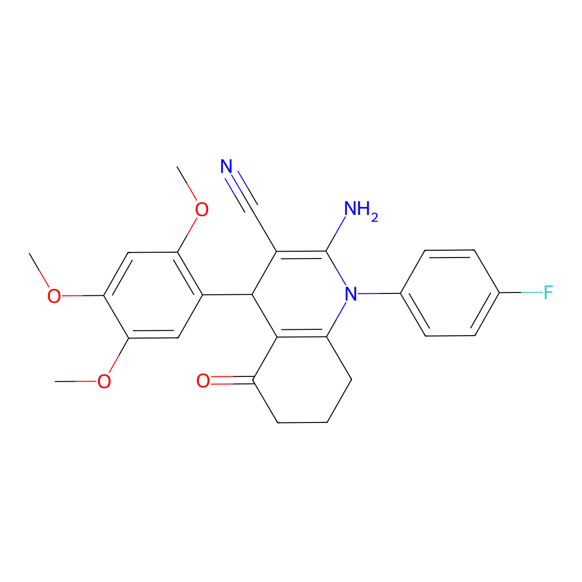 2-Amino-1-(4-fluorophenyl)-5-oxo-4-(2,4,5-trimethoxyphenyl)-1,4,5,6,7,8-hexahydro-3-quinolinecarbonitrile molecular structure, CAS 445016-67-1