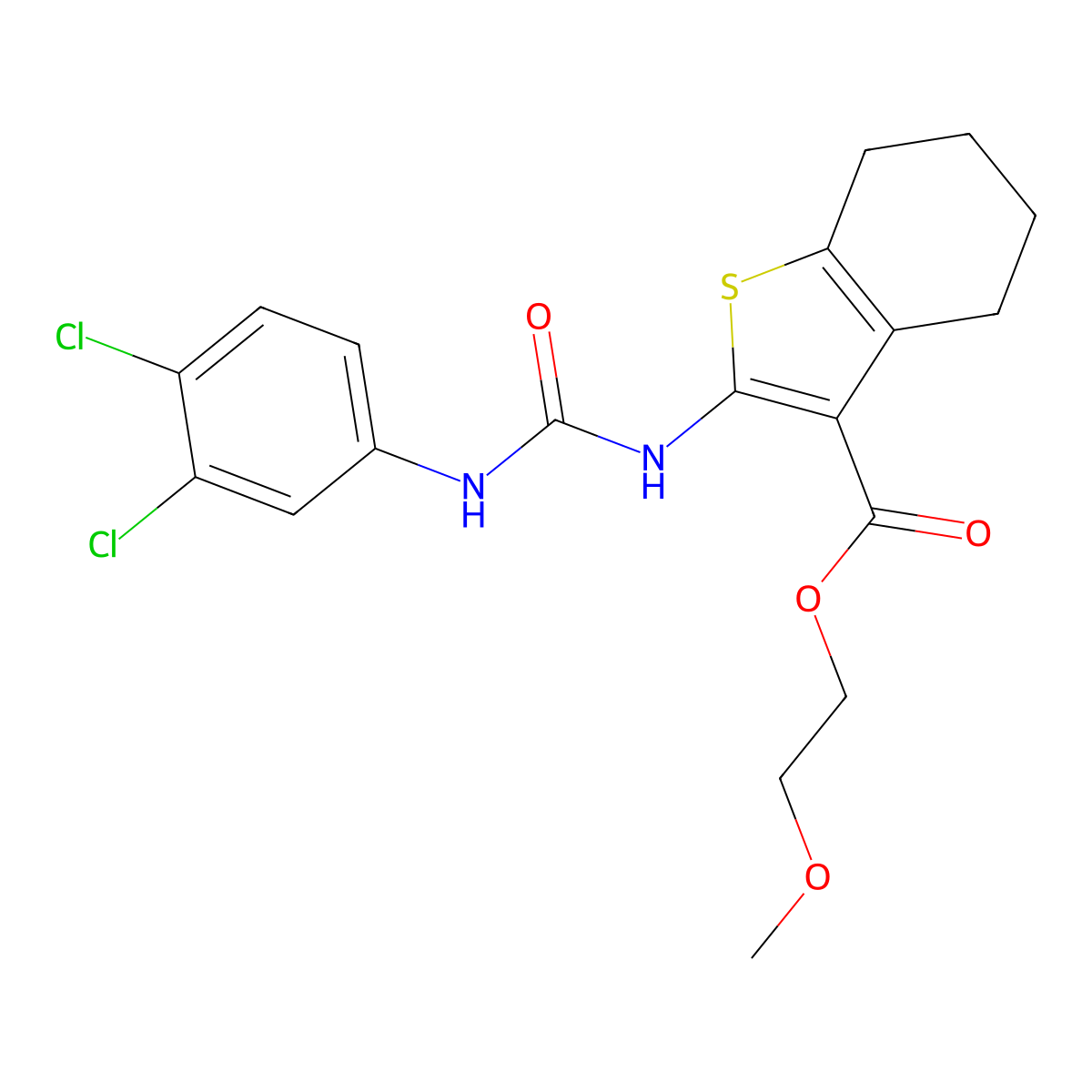 2-Methoxyethyl 2-[(3,4-dichlorophenyl)carbamoylamino]-4,5,6,7-tetrahydro-1-benzothiophene-3-carboxylate molecular structure, CAS 445016-70-6