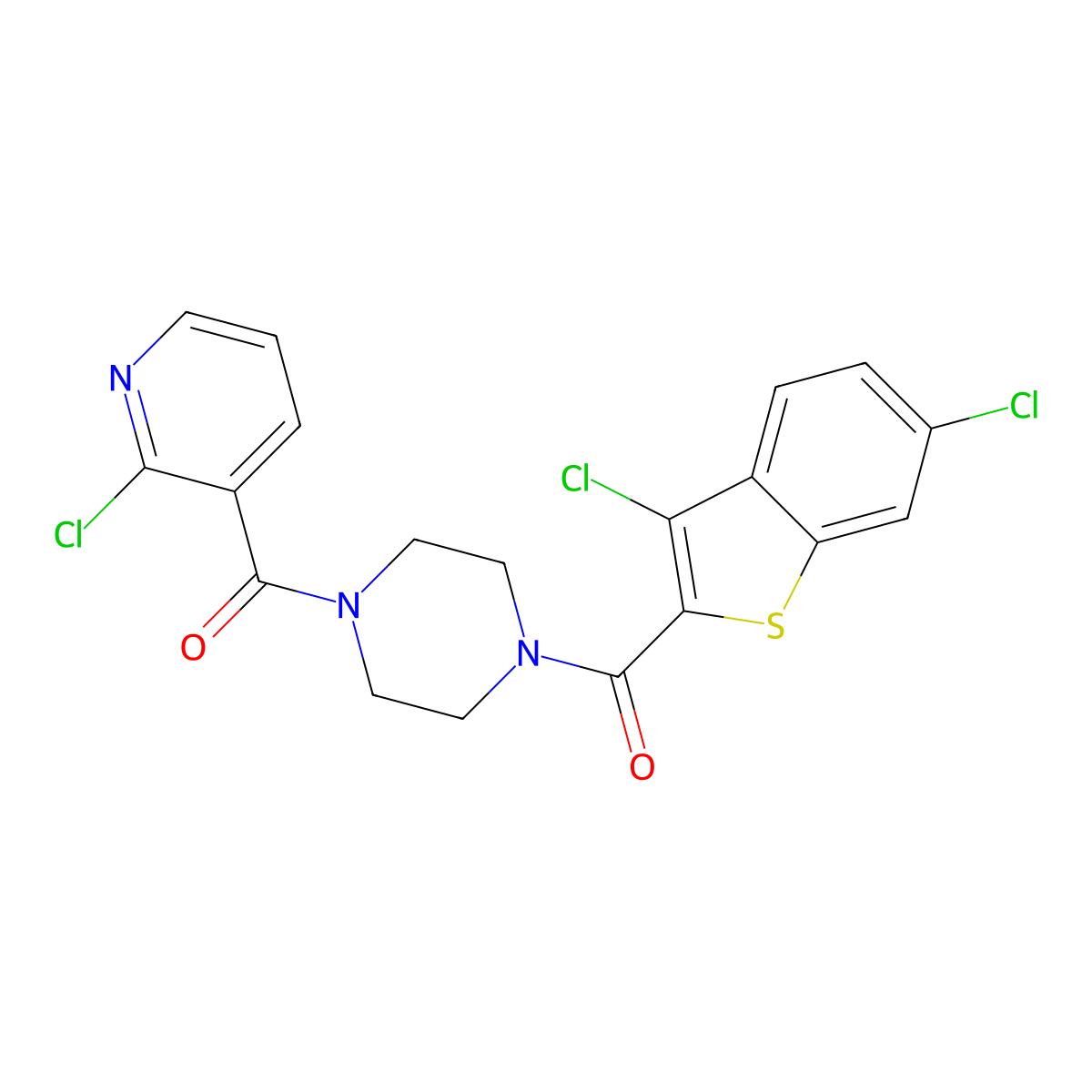 (2-Chloropyridin-3-yl)-[4-(3,6-dichloro-1-benzothiophene-2-carbonyl)piperazin-1-yl]methanone molecular structure, CAS 445016-77-3