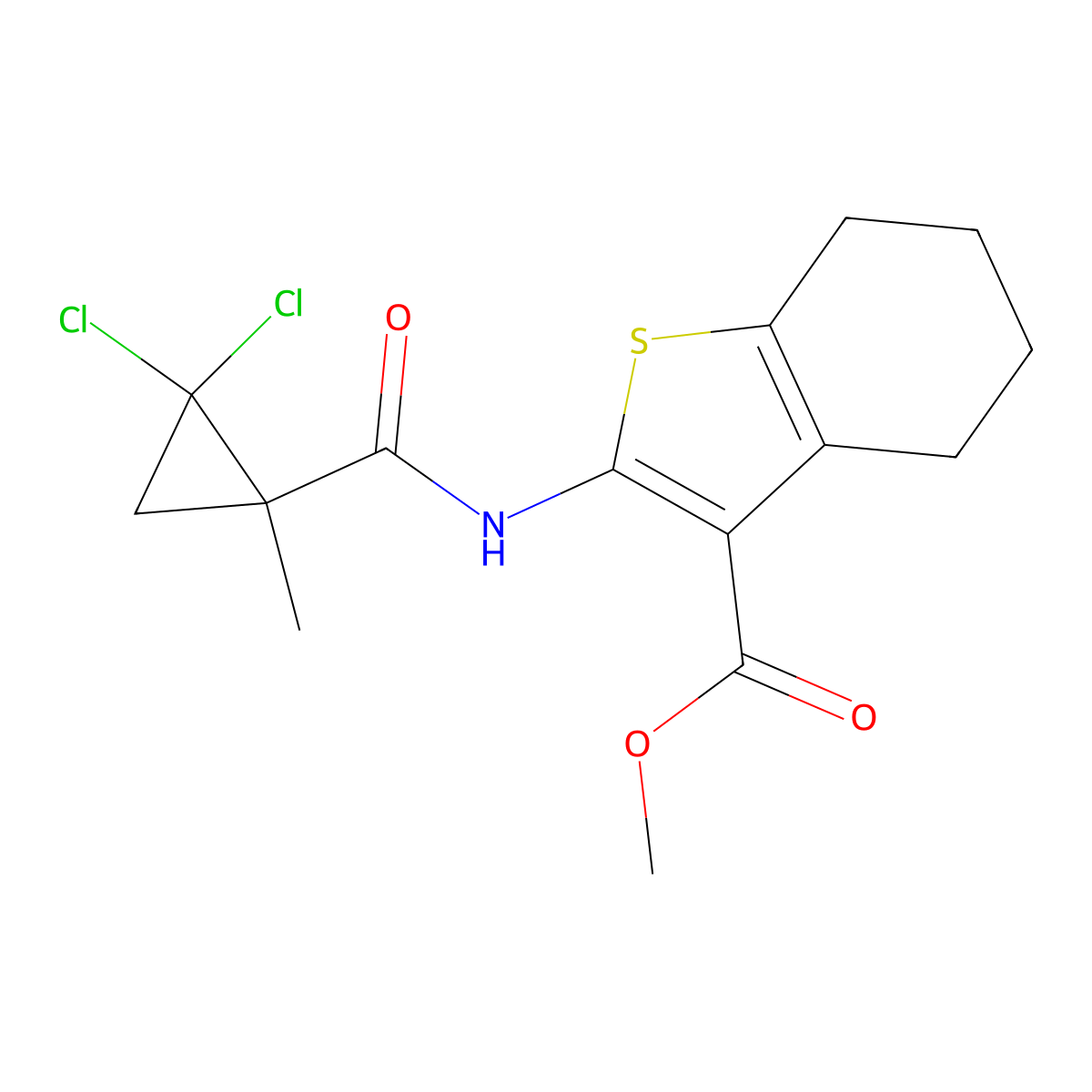 Methyl 2-{[(2,2-dichloro-1-methylcyclopropyl)carbonyl]amino}-4,5,6,7-tetrahydro-1-benzothiophene-3-carboxylate molecular structure, CAS 445016-78-4