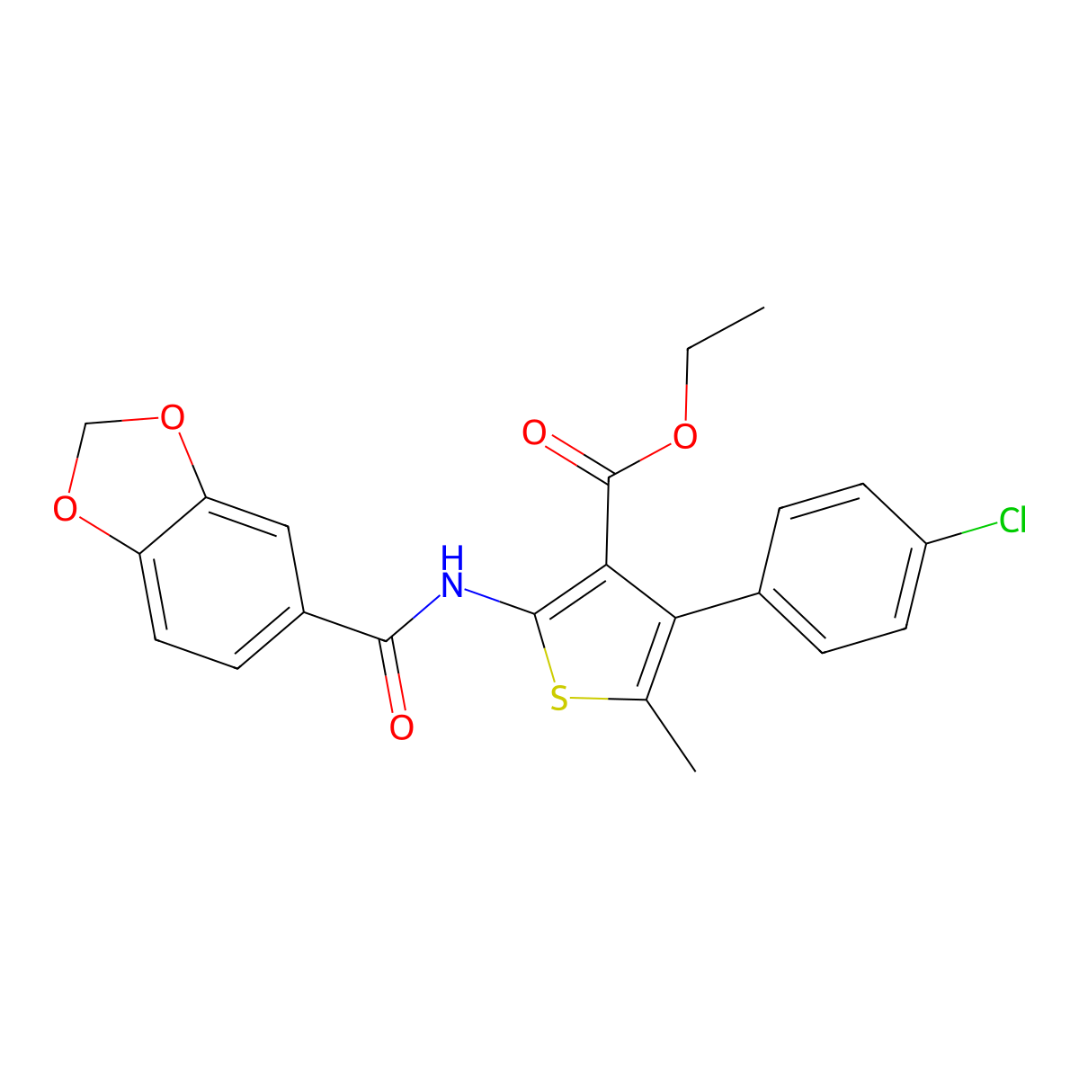 Ethyl 2-(1,3-benzodioxole-5-carbonylamino)-4-(4-chlorophenyl)-5-methylthiophene-3-carboxylate molecular structure, CAS 445016-80-8