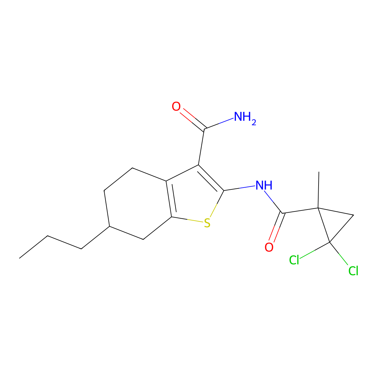 2-[(2,2-Dichloro-1-methylcyclopropanecarbonyl)amino]-6-propyl-4,5,6,7-tetrahydro-1-benzothiophene-3-carboxamide molecular structure, CAS 445016-85-3