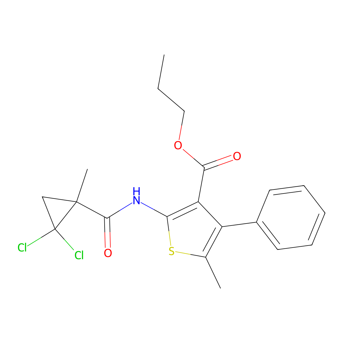 Propyl 2-[(2,2-dichloro-1-methylcyclopropanecarbonyl)amino]-5-methyl-4-phenylthiophene-3-carboxylate molecular structure, CAS 445017-15-2