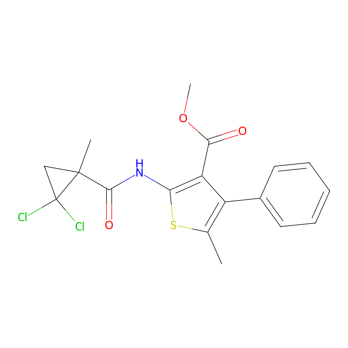 Methyl 2-[(2,2-dichloro-1-methylcyclopropanecarbonyl)amino]-5-methyl-4-phenylthiophene-3-carboxylate molecular structure, CAS 445017-18-5