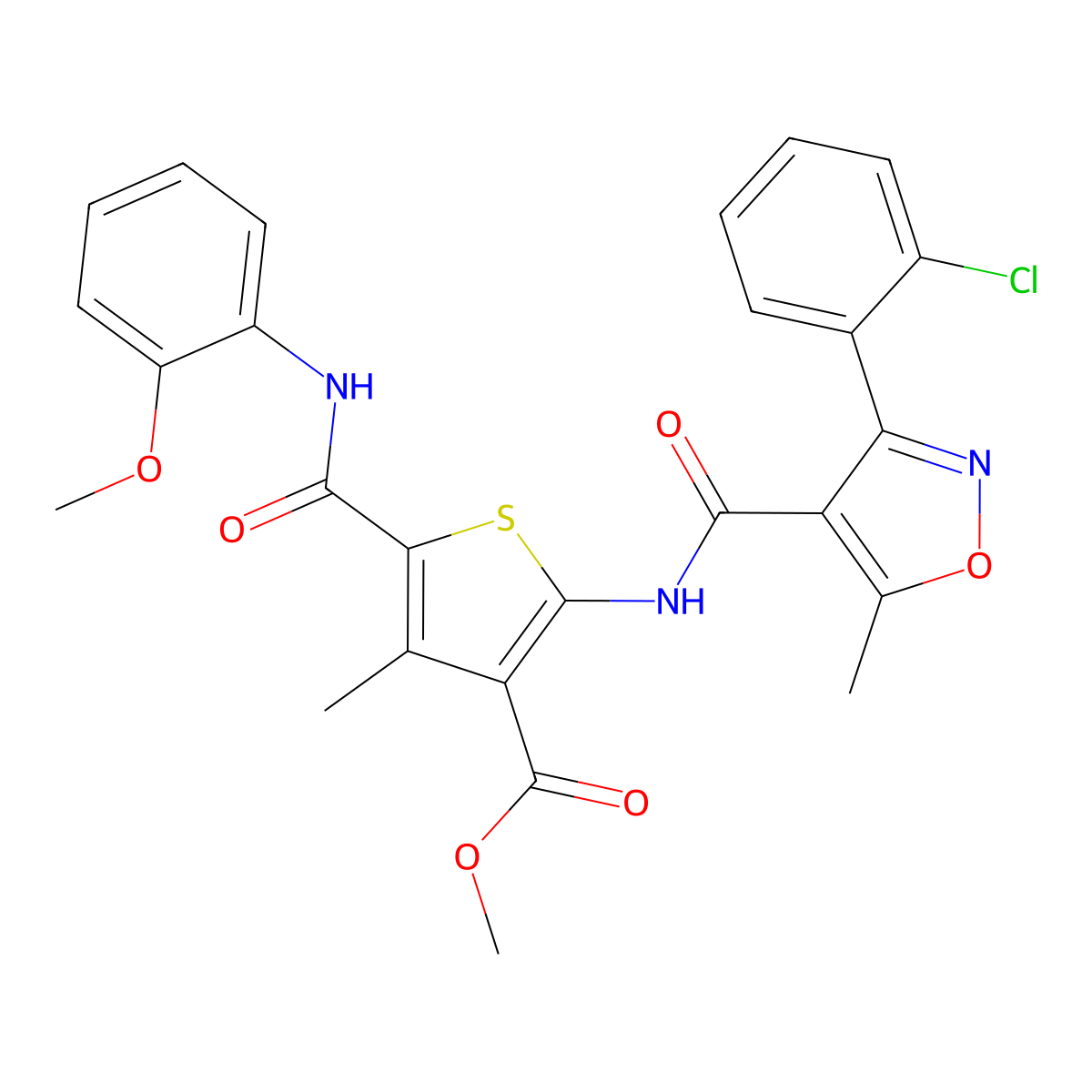 Methyl 2-[[3-(2-chlorophenyl)-5-methyl-1,2-oxazole-4-carbonyl]amino]-5-[(2-methoxyphenyl)carbamoyl]-4-methylthiophene-3-carboxylate molecular structure, CAS 445017-25-4